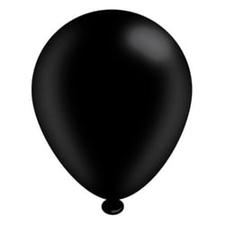 A black balloon is floating in the air against a white background.