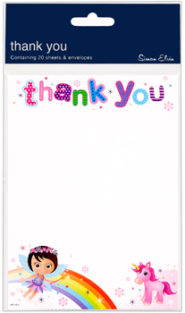 A thank-you card with a fairy and unicorn on it.