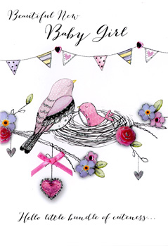 A greeting card for a baby girl with two birds in a nest.