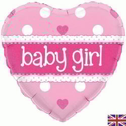 A pink heart-shaped balloon with the words "baby girl" written on it.