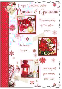 A Christmas card that says "Happy Christmas wishes, Nanna and Granddad."