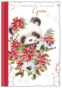 A Christmas card with a panda bear surrounded by poinsettia flowers.
