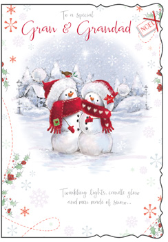 A Christmas card with two snowmen and the words "to a special Gran & Grandad."