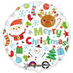 a merry christmas balloon with santa claus , reindeer , snowman and other christmas characters .