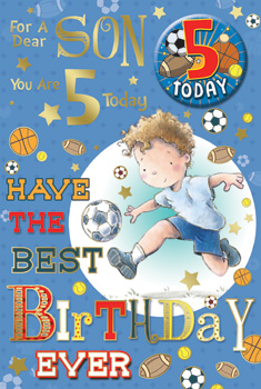 A birthday card for a son featuring a boy kicking a soccer ball.