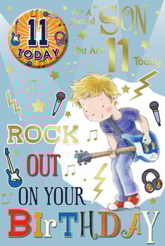 A birthday card for a son that says "Rock out on your birthday."
