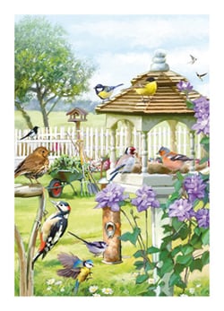 A painting of birds and flowers in a garden.