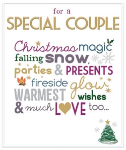 Help your customers celebrate the festive season for those special duos with our charming 'Special Couple' Christmas card. Designed by Gemma International Ltd., this delightful card features a vibrant array of festive words and imagery. From "Christmas magic" and "falling snow" to "parties & PRESENTS" and "fireside glow," the message beautifully culminates in "WARMEST wishes & much LOVE too..."

Its playful typography and heartwarming sentiment make it an ideal choice for conveying heartfelt seasonal greetings. Perfect for retailers seeking a thoughtful and visually appealing option for couples, each wholesale pack contains 6 cards, ready to add a touch of warmth to any Christmas display.