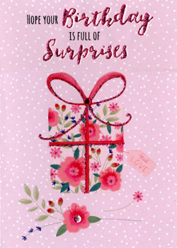 Brighten up your card selection with this delightful 'Open Birthday Female' card! Featuring a charming floral gift box design, this card is adorned with shimmering glitter details that add a touch of sparkle. The sweet message, 'Hope your Birthday is full of Surprises', makes it perfect for any special woman celebrating her big day.

Set against a soft pink background with playful polka dots, the vibrant floral patterns and elegant ribbon create a truly eye-catching look. Each card comes with a 'With Love' tag, adding an extra thoughtful touch. Stock up on this popular design, available in a convenient pack of 6, and offer your customers a beautiful way to send their warmest birthday wishes.