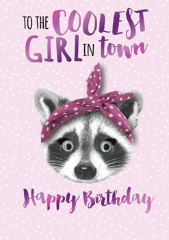 a birthday card with a raccoon wearing a pink headband
