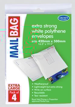 A package containing extra-strong white polythene envelopes.