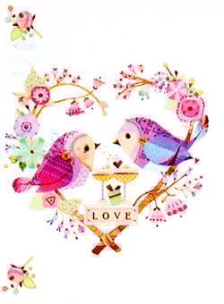 Two birds are sitting on a heart-shaped branch with a sign that says, "Love."