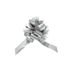 A silver bow with a white ribbon on a white background.
