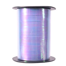 A spool of blue and purple ribbon is on a white background.