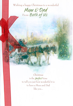 A Christmas card wishes a happy Christmas to Mum and Dad from both of us.