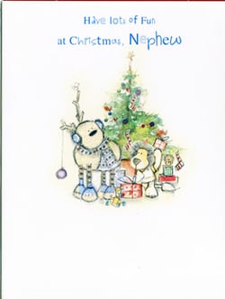 A Christmas card says, "Have lots of fun at Christmas, nephew."