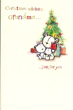 A Christmas card says Christmas wishes, Grandma, just for you.