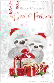 A Christmas card that says "Happy Christmas, Dad and partner."