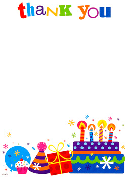 A thank you card with a birthday cake and candles.