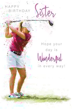 A birthday card for a sister featuring a woman swinging a golf club.