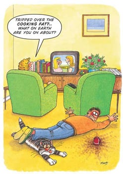 A cartoon of a man lying on the floor talking to a cat.