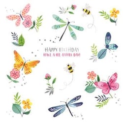 A birthday card with butterflies, bees, dragonflies, and flowers.