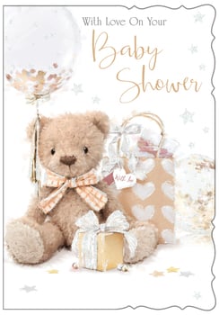a baby shower card with a teddy bear and gifts