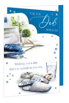 Show Dad how much he means to you with this lovely greeting card. Adorned with a comforting illustration, it depicts a relaxed scene featuring everyday essentials like soft slippers, remote controls, and a refreshing drink, all set against a backdrop of calming blues and greys. The front proudly states, "FOR YOU Dad WITH LOVE," while inside, the message continues, "Wishing you a day that's as special as you are." It's a wonderful way to acknowledge his hard work and wish him a truly special day, whether for his birthday, Father's Day, or simply to say thank you. This card is designed to make any dad feel cherished and appreciated.