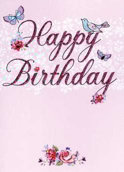 A happy birthday card with flowers and butterflies.

(No grammatical errors)