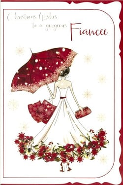 A Christmas card with a woman wearing a wedding dress while holding an umbrella.