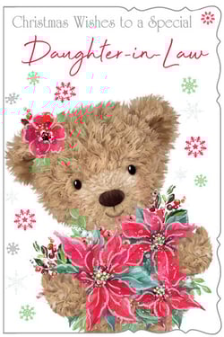 Christmas wishes to a special daughter-in-law, with a teddy bear holding poinsettia flowers.