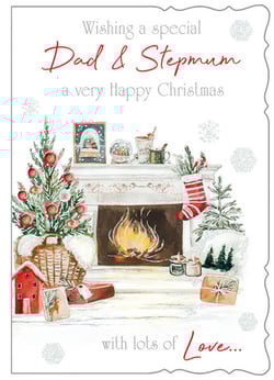 A Christmas card wishing a special dad and stepmum a very happy Christmas.