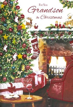 A Christmas card for a grandson with a Christmas tree and fireplace.