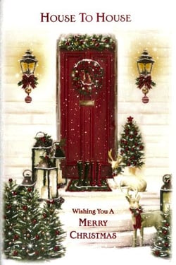 A Christmas card with a red door and Christmas trees.