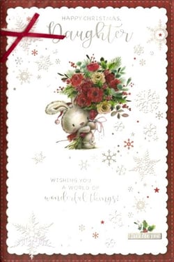 A Christmas card for a daughter with a bunny holding a bouquet of flowers.
