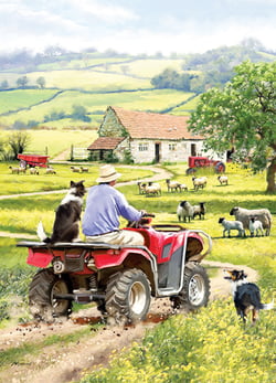 A painting of a man riding an ATV with sheep in the background.