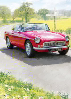 A red car is driving down a road with a sign in the background that says 'Stourbridge'.