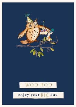 The owl is wearing a party hat and holding a cake.