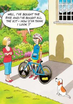 A cartoon features a man riding a bike next to a woman and a dog.