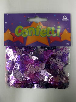 A bag of purple confetti with the number eight on it.