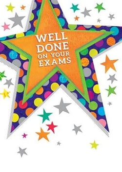 A well-done-on-your-exams card with a colorful star and stars.