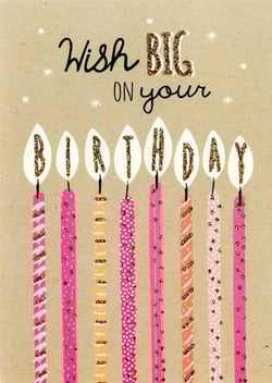 A birthday card that says, "Wish big on your birthday."