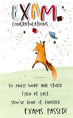An exam congratulations card with a fox jumping in the air.