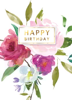 A birthday card with watercolor flowers and the words "Happy Birthday".