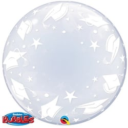 A clear balloon with graduation caps and stars on it.