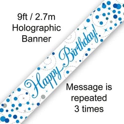 A blue and silver happy birthday banner with a message is repeated three times.