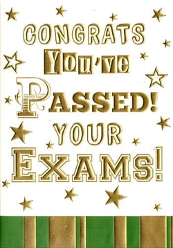 A card that says "Congrats, you've passed your exams."