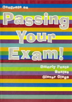 Congratulations on passing your exam, which was written on a colorful striped background.