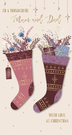 A Christmas card that says "To a wonderful mum and dad."