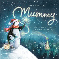A Christmas card with a penguin on it that says "To a special mommy, lots of love at Christmas."